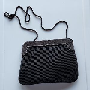 Stylish Black Fabric with Beaded Accent Crossbody Bag with Long Strap